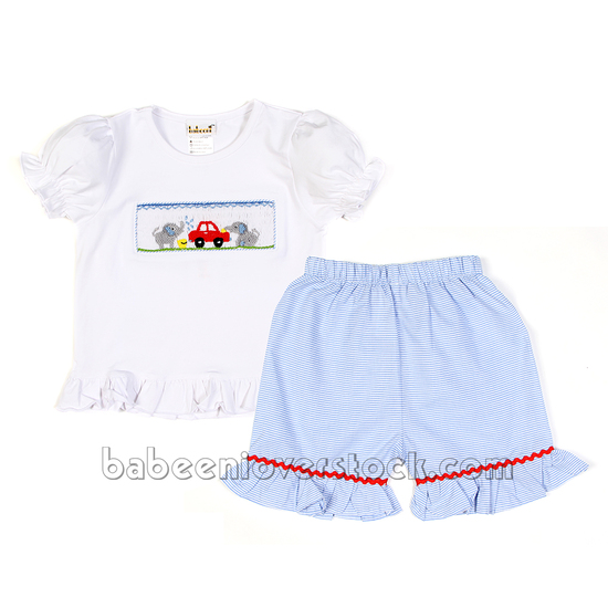 Lovely elephant with car hand smocked girl short set - BB919